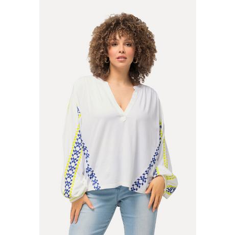 Ulla Popken  Blusa dal taglio oversize in misto lino con scollo a tunica e maniche lunghe 