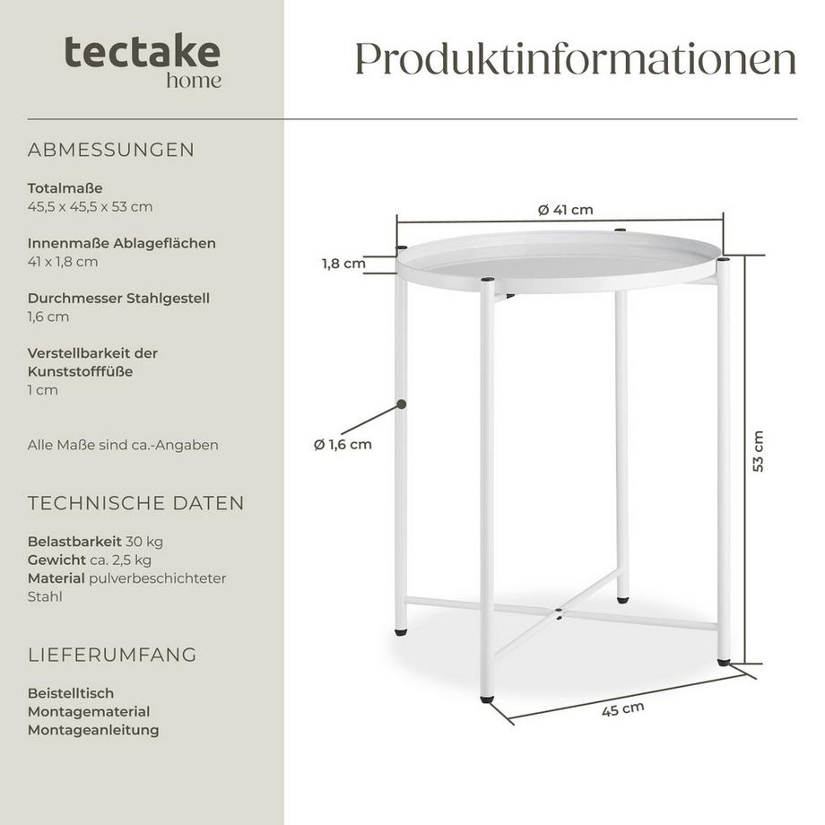 Tectake Beistelltisch Chester Stahl rund mit abnehmbarer Ablage  