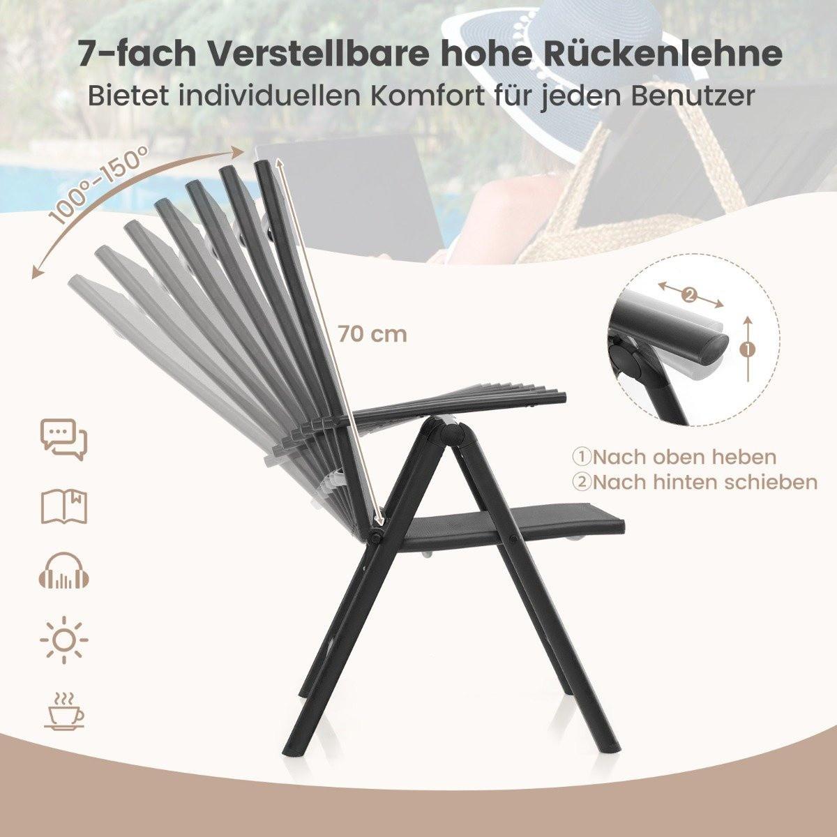 Northio Chaises de jardin avec dossier réglable en 7 directions, chaises pliantes, capacité de charge jusqu'à 180 kg, noir, 1 pièce  