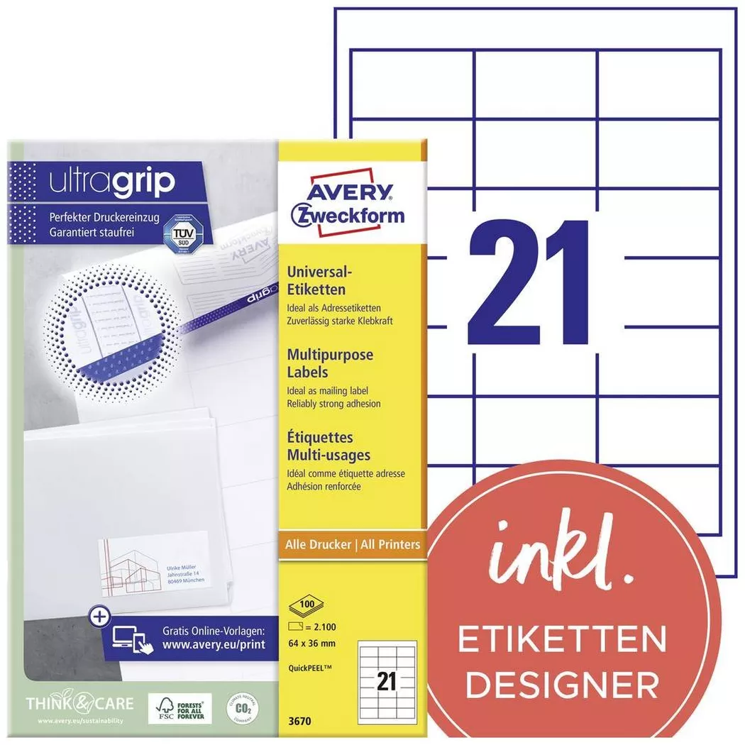 Avery-Zweckform – AVERY ZWECKFORM Etiketten 64x36mm, 2100 Stk., One Size, Weiss