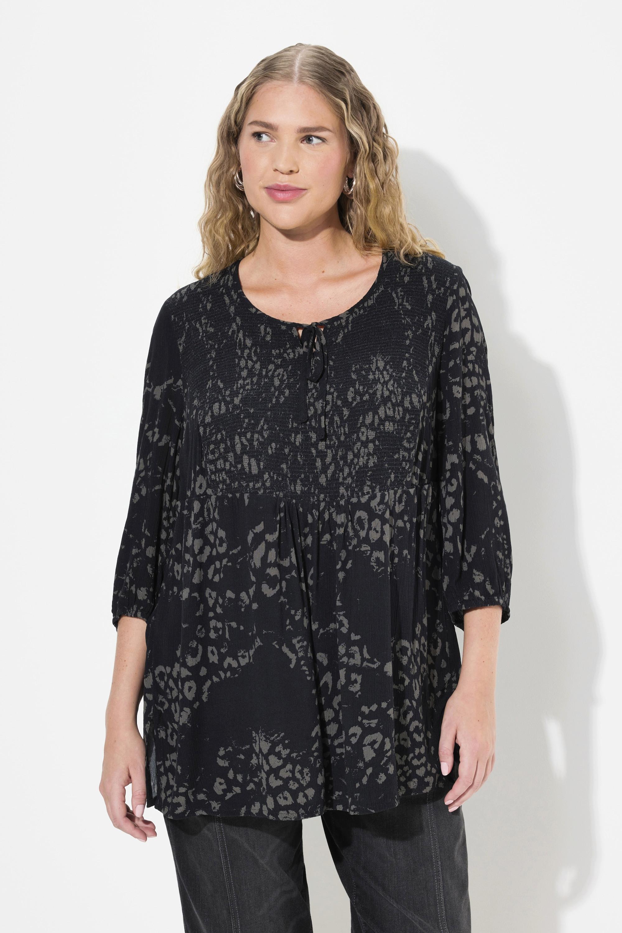 Ulla Popken  Blusa a punto smock, scollo rotondo e maniche a 3/4 nero 