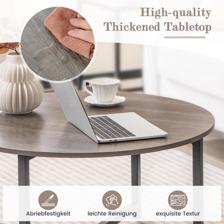 Northio 3er Set Couchtisch mit Robustem Metallrahmen Runder Kaffeetisch & 2 Quadratische Beistelltische Grau  