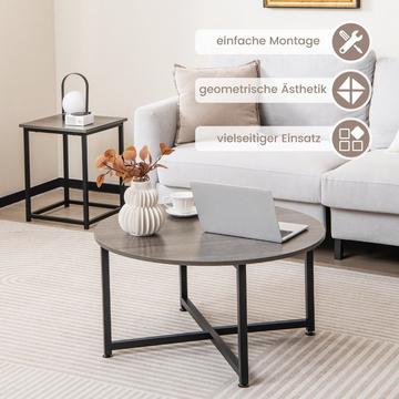 3er Set Couchtisch mit Robustem Metallrahmen Runder Kaffeetisch & 2 Quadratische Beistelltische Grau