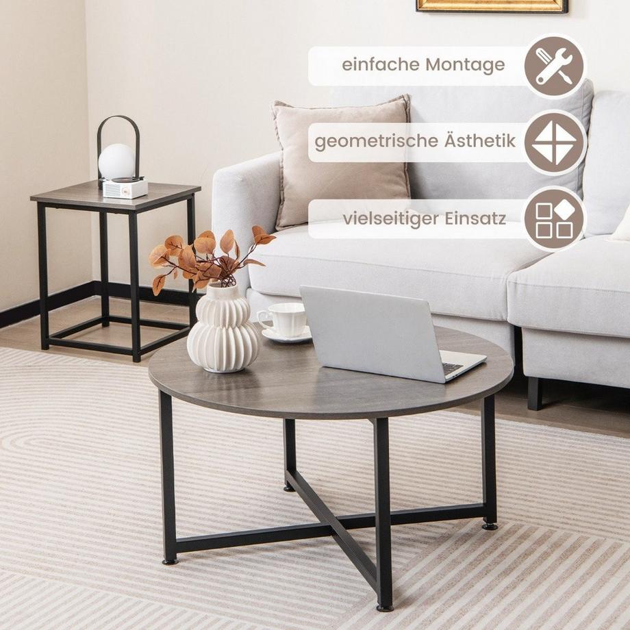 Northio 3er Set Couchtisch mit Robustem Metallrahmen Runder Kaffeetisch & 2 Quadratische Beistelltische Grau  