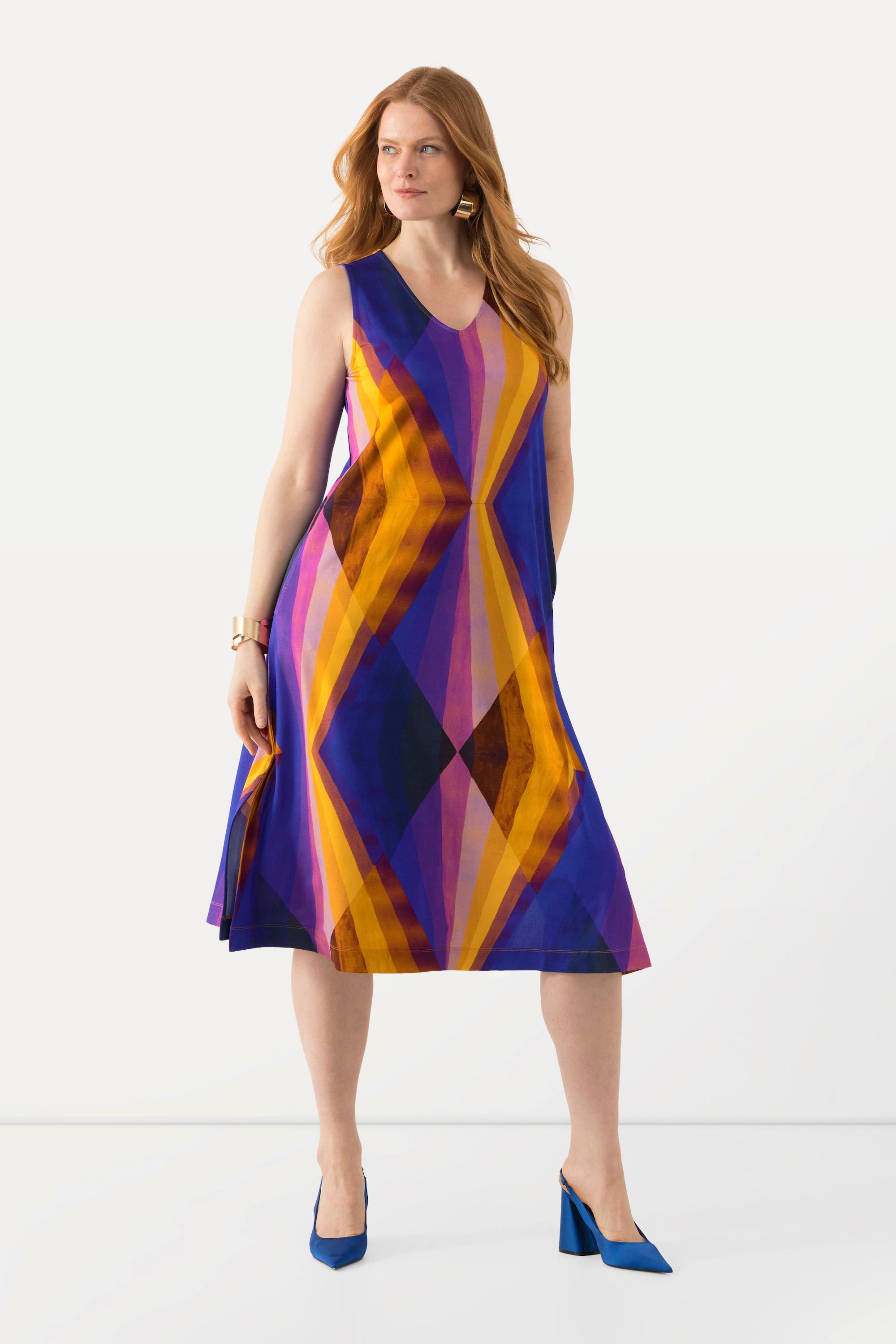 Ulla Popken  Slinky-Midikleid, geometrisch, V-Ausschnitt, ärmellos 