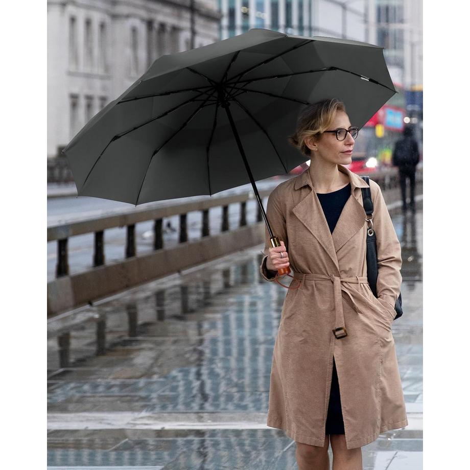 Alopini Grand parapluie automatique anti-tempête avec double canopée ventilée et poignée en bois  
