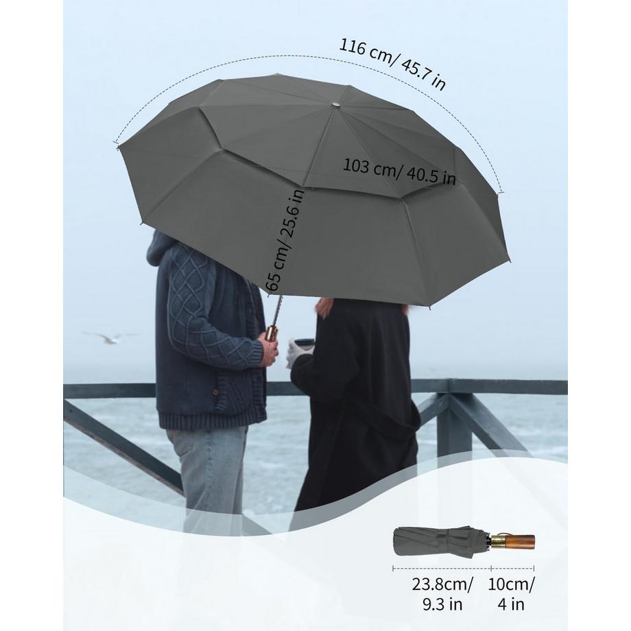 Alopini Grand parapluie automatique anti-tempête avec double canopée ventilée et poignée en bois  