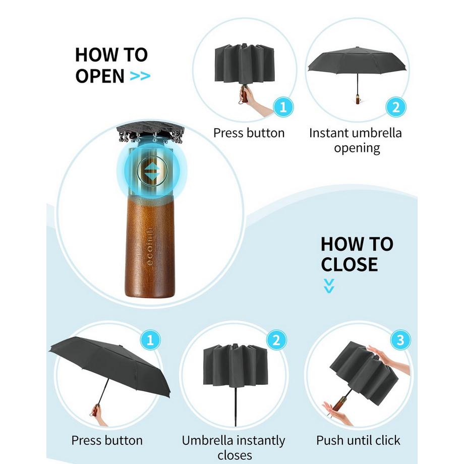 Alopini Grand parapluie automatique anti-tempête avec double canopée ventilée et poignée en bois  