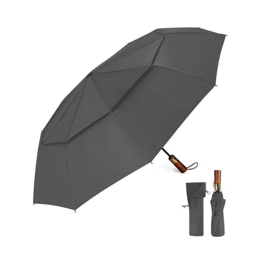 Automatischer großer sturmsicherer Regenschirm, Taschenschirm mit belüftetem Doppeldach und Holzgriff