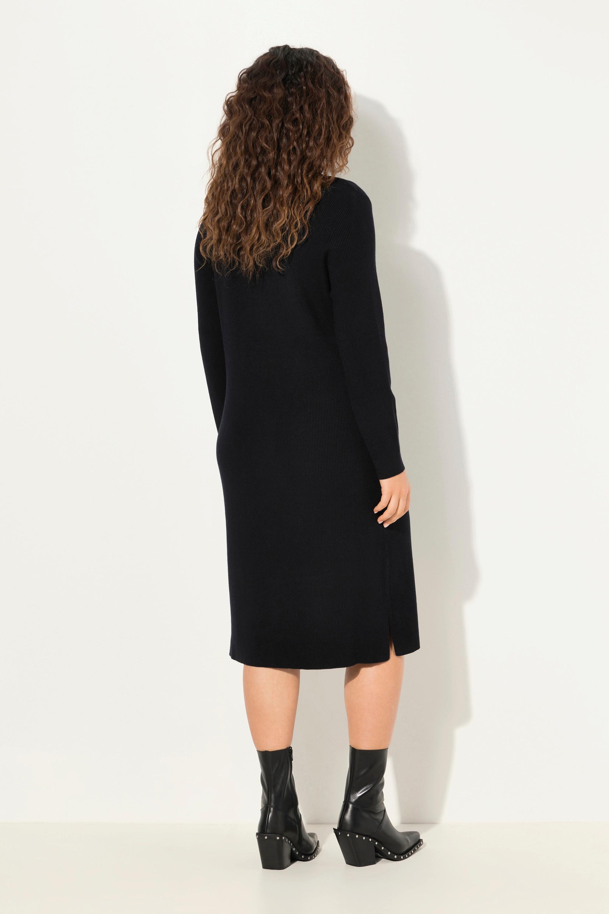 Ulla Popken Abito Midi Jersey a Costine Cerniera Linea ad A Scollo a V Maniche Lunghe  