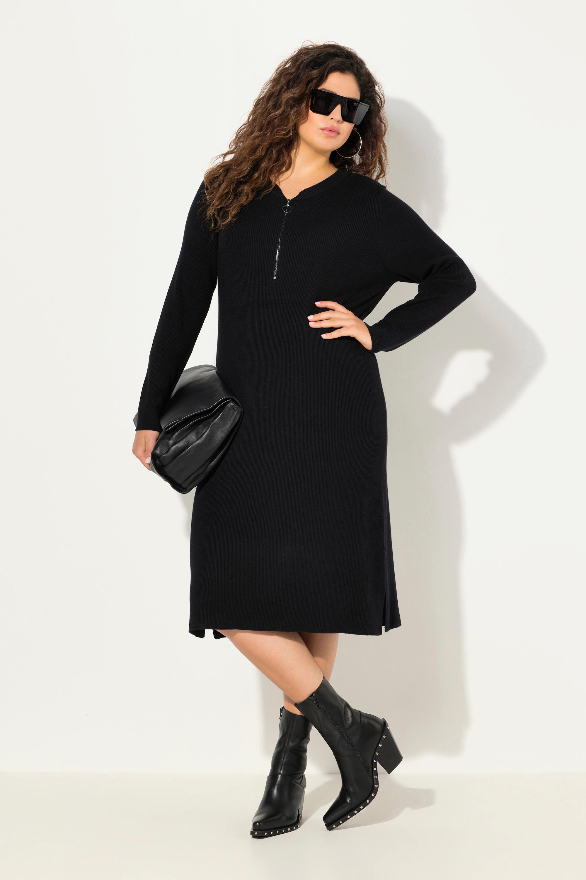 Ulla Popken Abito Midi Jersey a Costine Cerniera Linea ad A Scollo a V Maniche Lunghe  