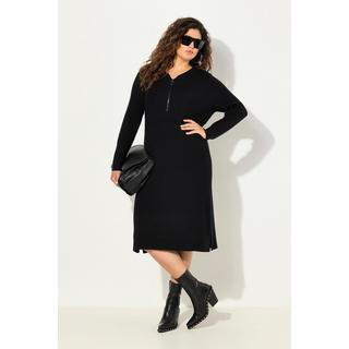 Ulla Popken Abito Midi Jersey a Costine Cerniera Linea ad A Scollo a V Maniche Lunghe  