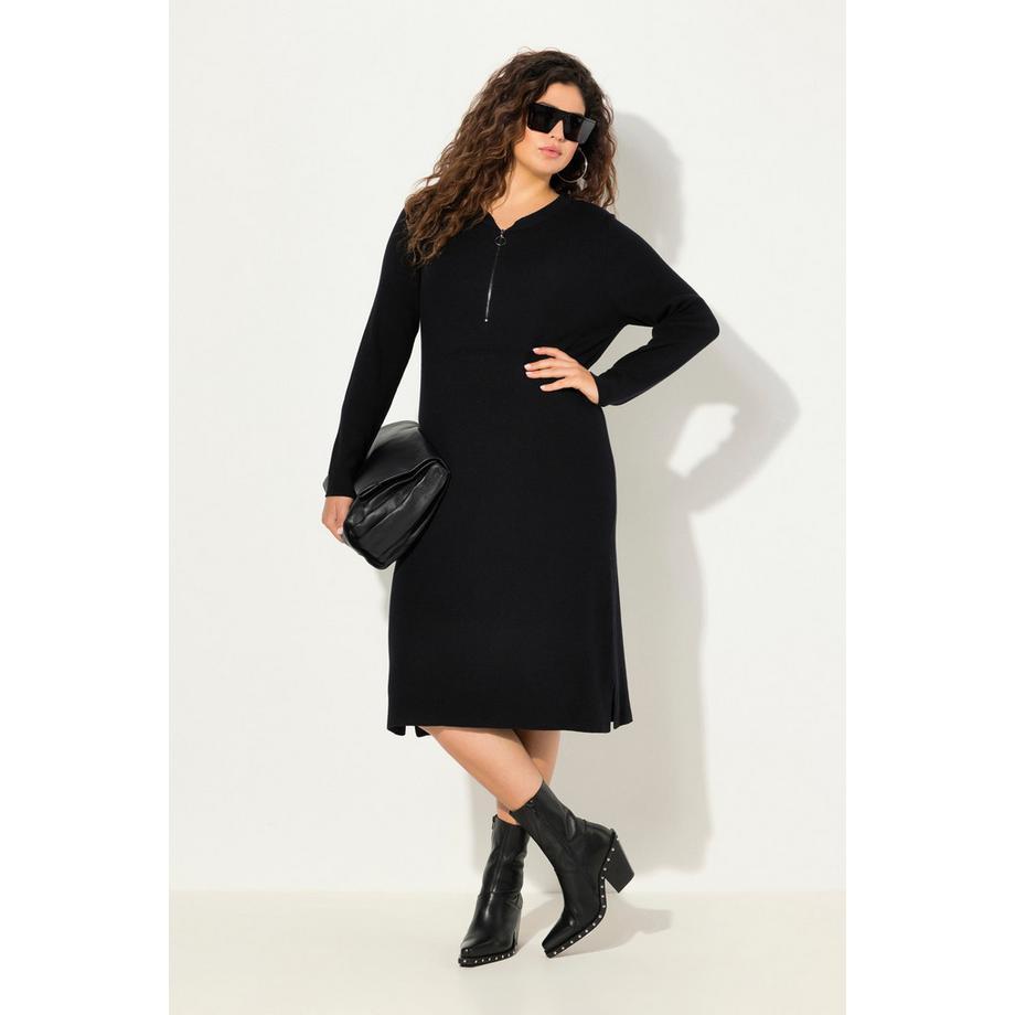 Ulla Popken Rippjersey Midikleid Zipper A-Linie V-Ausschnitt Langarm  