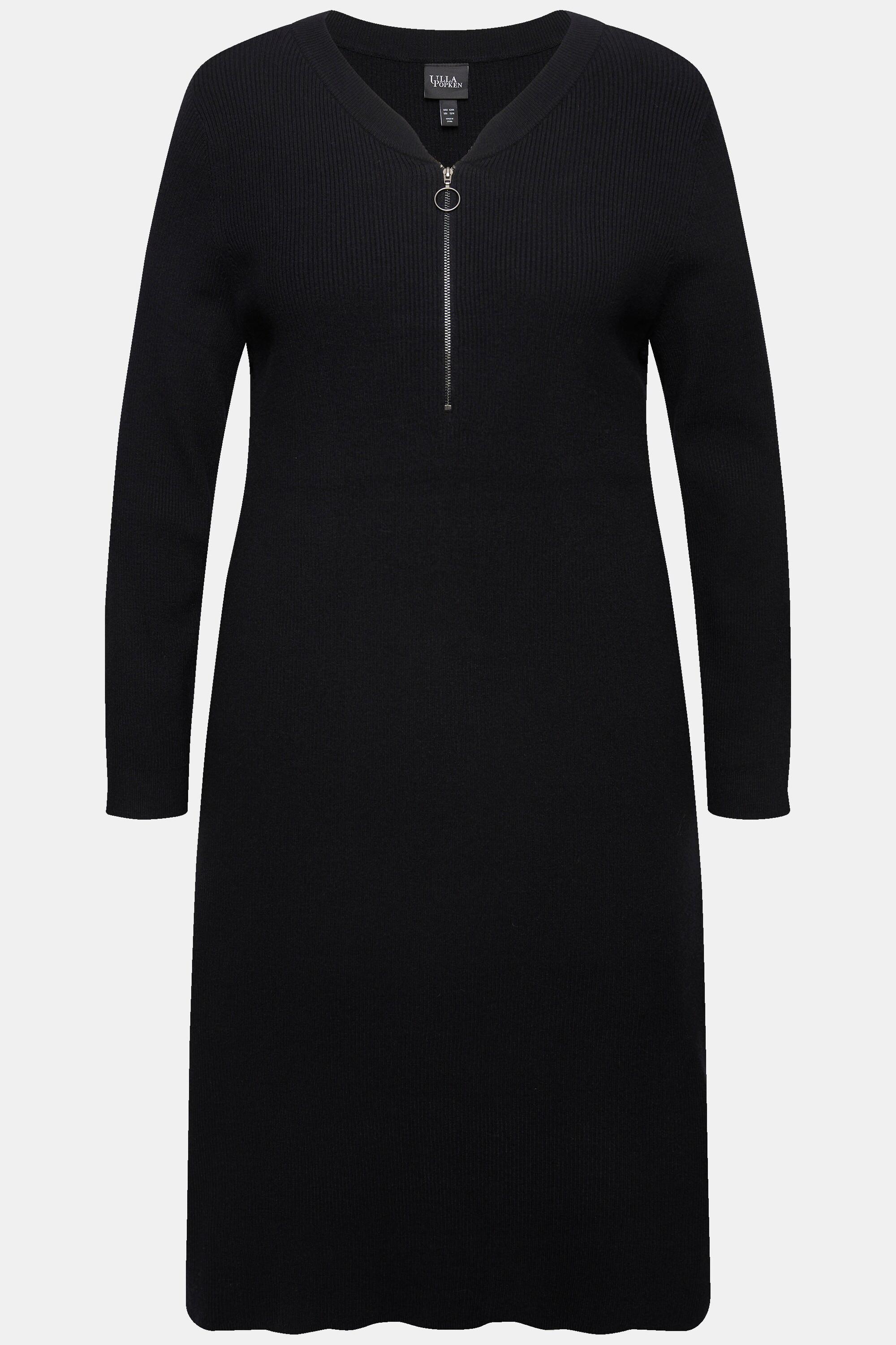 Ulla Popken Abito Midi Jersey a Costine Cerniera Linea ad A Scollo a V Maniche Lunghe  