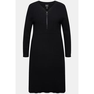 Ulla Popken Abito Midi Jersey a Costine Cerniera Linea ad A Scollo a V Maniche Lunghe  