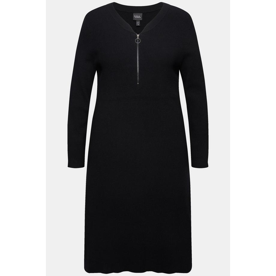 Ulla Popken Rippjersey Midikleid Zipper A-Linie V-Ausschnitt Langarm  