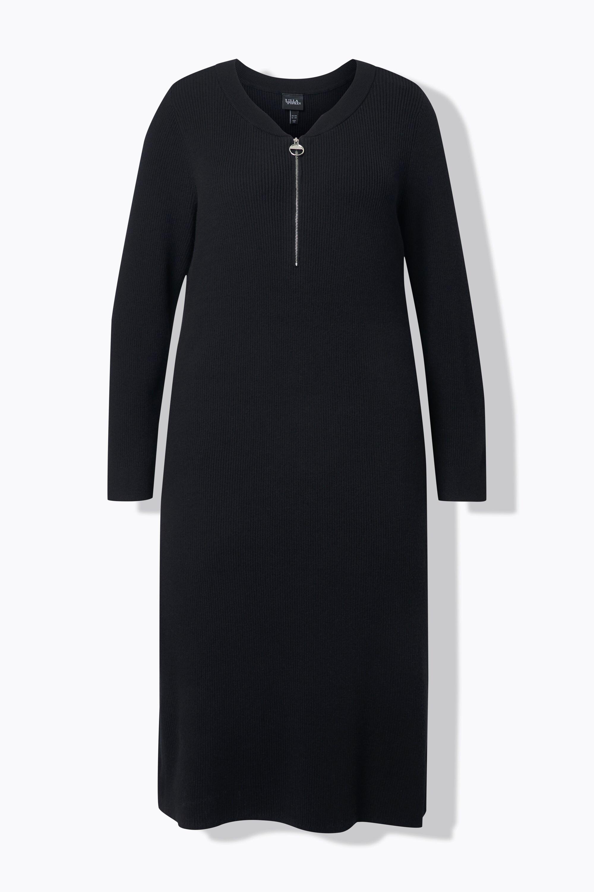 Ulla Popken Abito Midi Jersey a Costine Cerniera Linea ad A Scollo a V Maniche Lunghe  