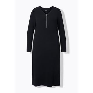 Ulla Popken Abito Midi Jersey a Costine Cerniera Linea ad A Scollo a V Maniche Lunghe  