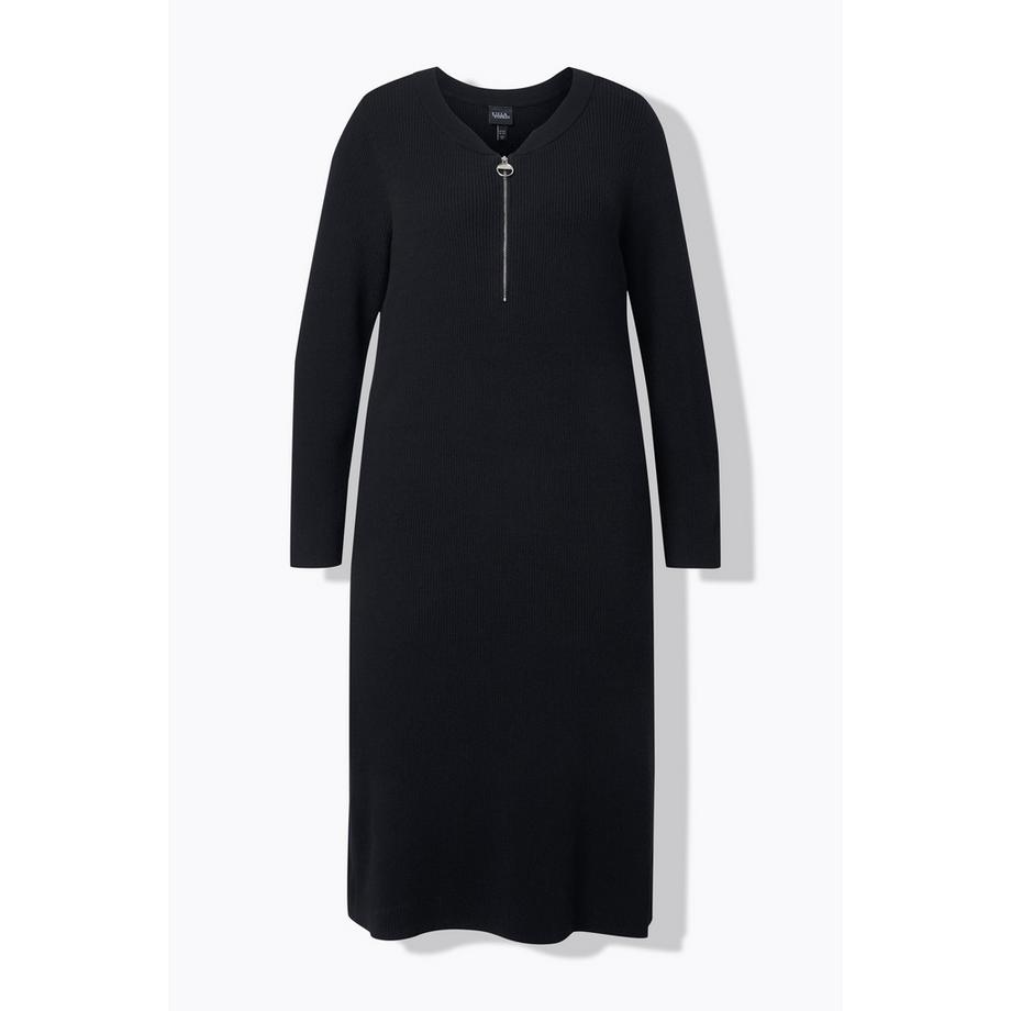 Ulla Popken Rippjersey Midikleid Zipper A-Linie V-Ausschnitt Langarm  