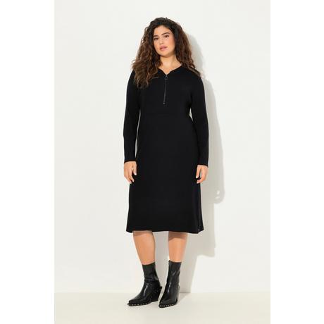 Ulla Popken Abito Midi Jersey a Costine Cerniera Linea ad A Scollo a V Maniche Lunghe  