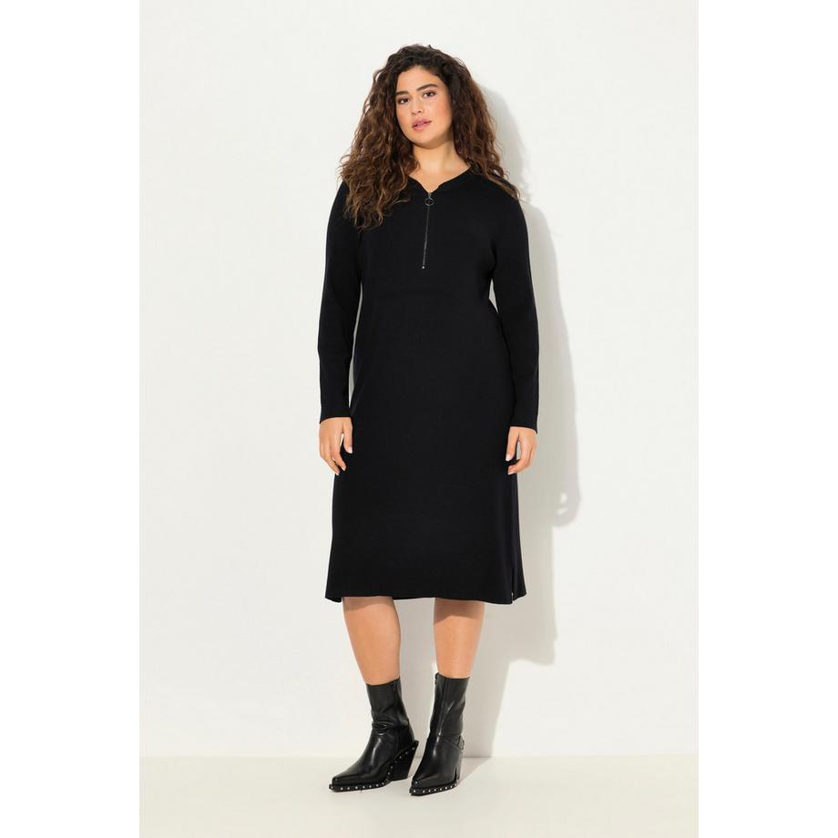 Ulla Popken Rippjersey Midikleid Zipper A-Linie V-Ausschnitt Langarm  