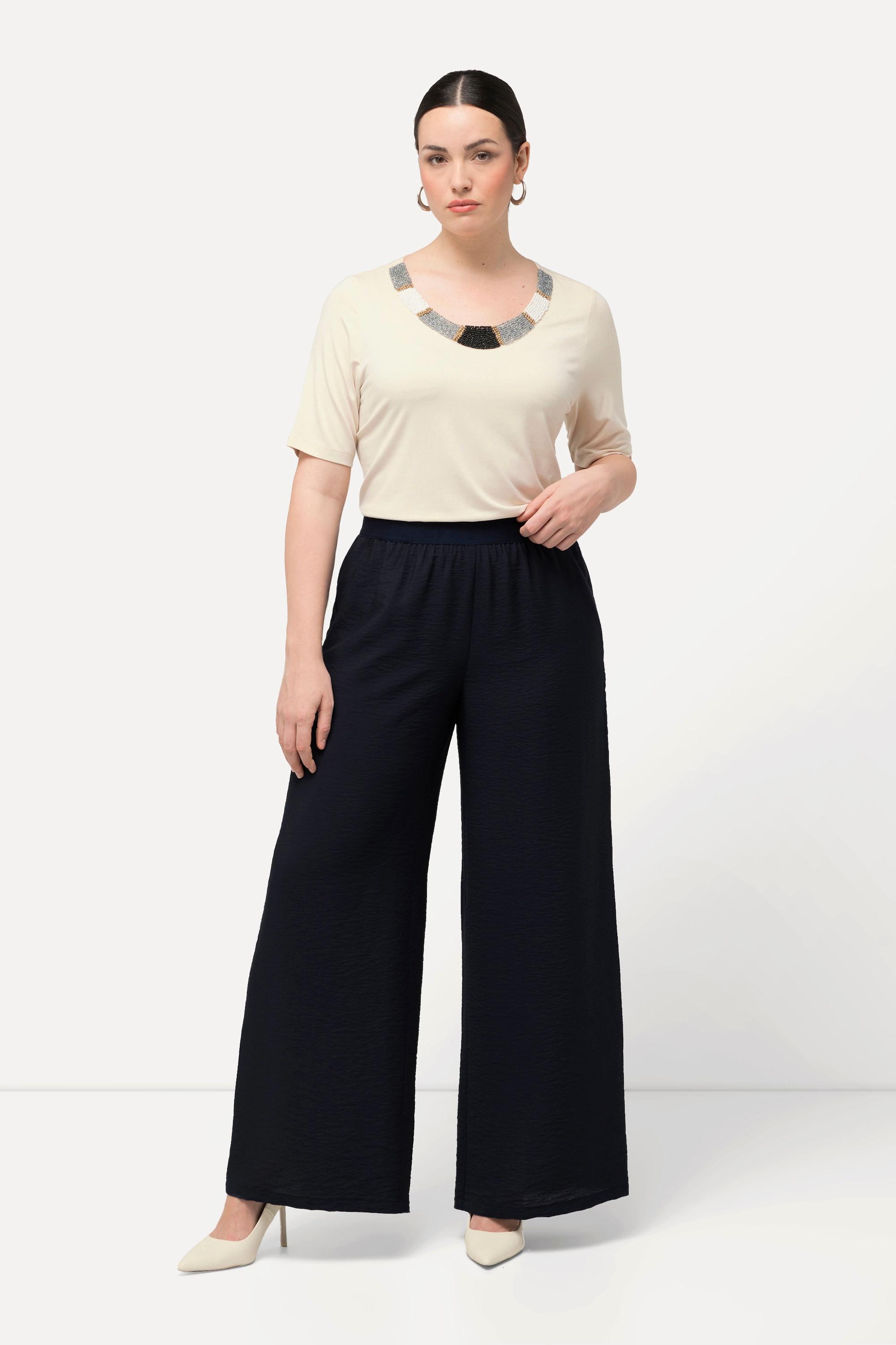 Ulla Popken  Pantalon à enfiler à tissu texturé, taille élastique et jambe large 