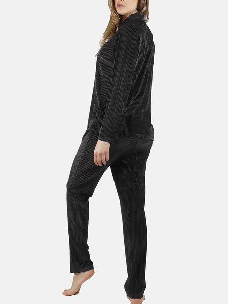 Admas Samt Pyjama Outfit Hemd Hose Elegant Stripes  