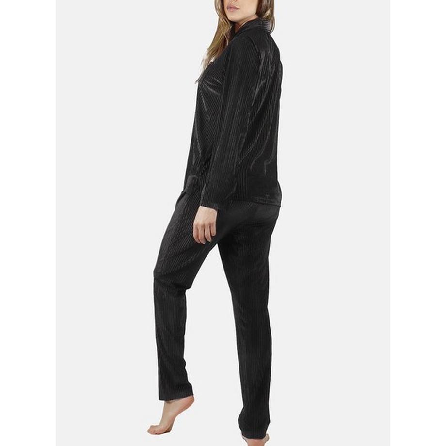 Admas Samt Pyjama Outfit Hemd Hose Elegant Stripes  