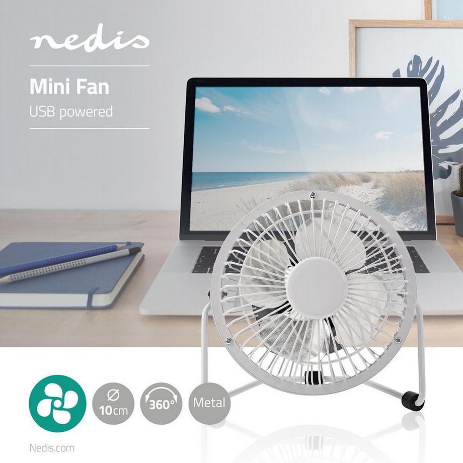Nedis Ventilatore da tavolo | Alimentazione USB | Diametro: 100 mm | 3 W | 1 velocità | Bianco  