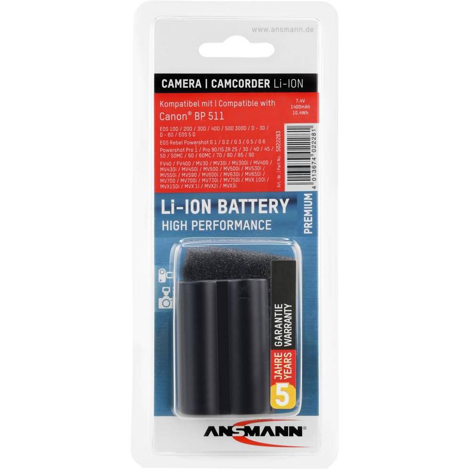 ANSMANN  A-Can BP 511 Batteria ricaricabile fotocamera sostituisce la batteria originale (camera) BP-511 7.4 V 1400 mAh 