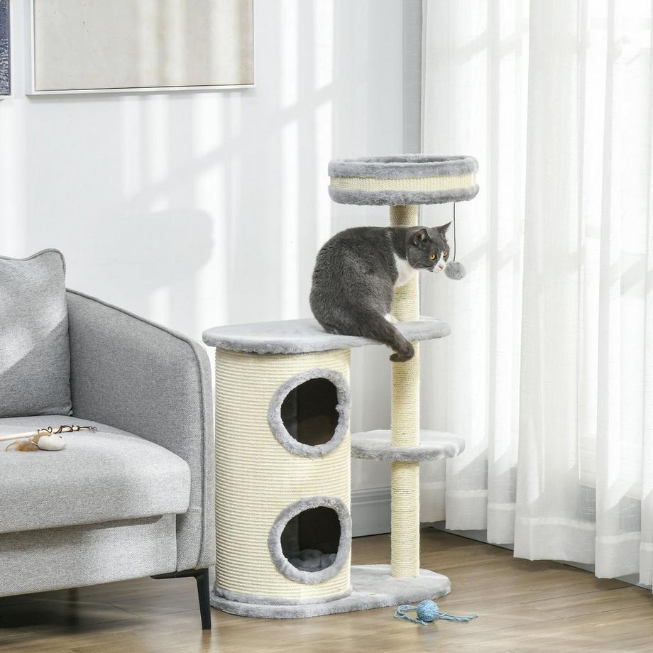 Northio  Kratzbaum katze mit 2 Katzenhöhle, Sisal-Seilpfosten, mehrere Plattformen, Weicher Plüsch, Ballspielzeug, Grau, 59 x 35 x 100 cm 