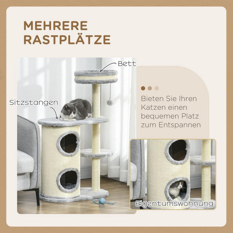 Northio  Kratzbaum katze mit 2 Katzenhöhle, Sisal-Seilpfosten, mehrere Plattformen, Weicher Plüsch, Ballspielzeug, Grau, 59 x 35 x 100 cm 