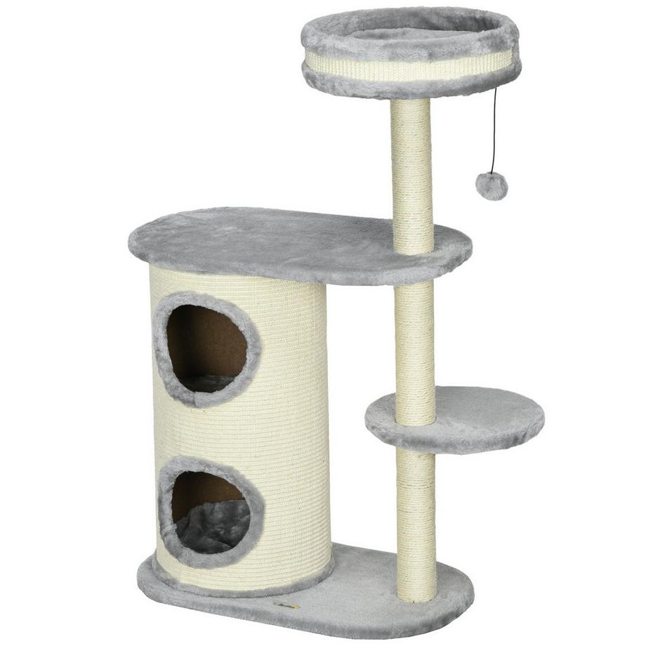 Northio  Kratzbaum katze mit 2 Katzenhöhle, Sisal-Seilpfosten, mehrere Plattformen, Weicher Plüsch, Ballspielzeug, Grau, 59 x 35 x 100 cm 