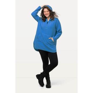 Ulla Popken  Pullover lungo di pellicciotto di pile con cappuccio, zip e maniche lunghe 