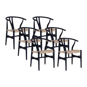 Lot de 6 chaises en teck et paille - Noir et Naturel - POGIANA