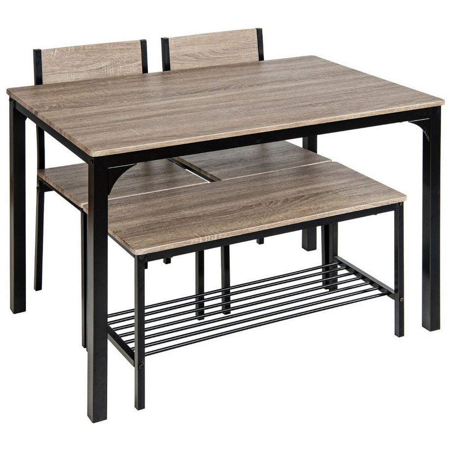 Northix  4-teiliges Esstisch Set Küchentisch mit 2 Stühlen & 1 Bank & Regal Industrie Essgruppe Grau 