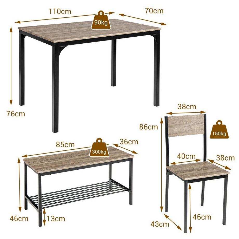 Northix  4-teiliges Esstisch Set Küchentisch mit 2 Stühlen & 1 Bank & Regal Industrie Essgruppe Grau 