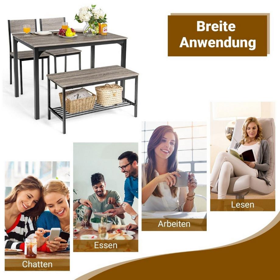 Northix  4-teiliges Esstisch Set Küchentisch mit 2 Stühlen & 1 Bank & Regal Industrie Essgruppe Grau 