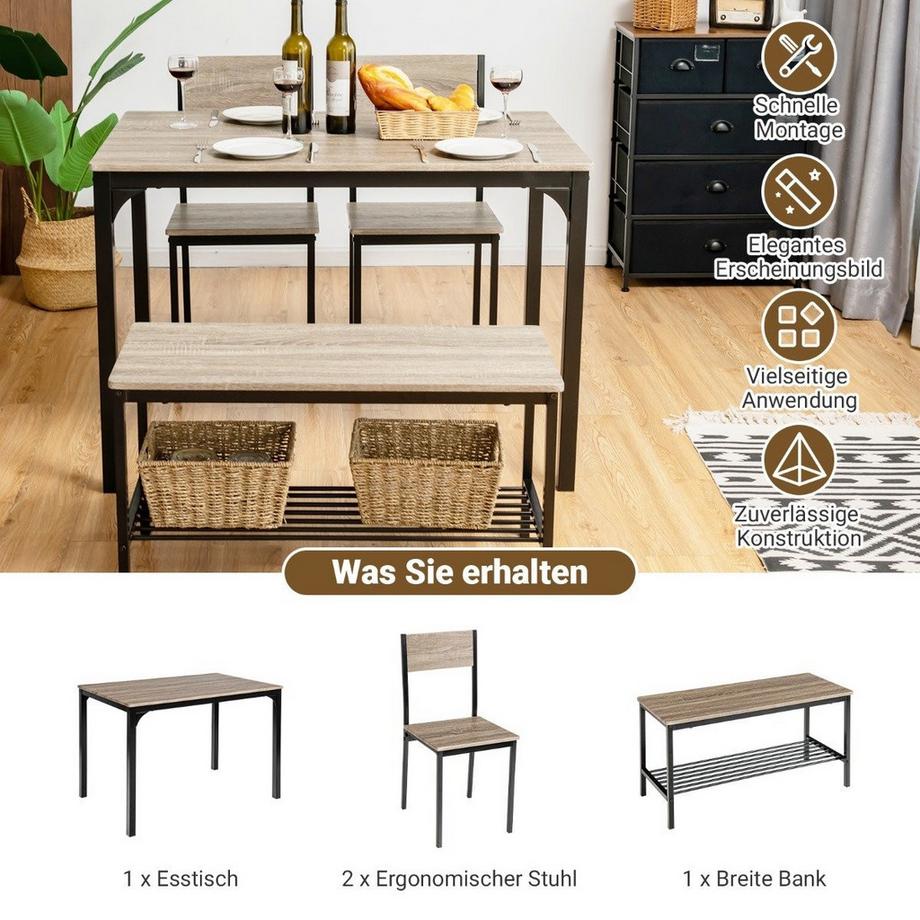 Northix  4-teiliges Esstisch Set Küchentisch mit 2 Stühlen & 1 Bank & Regal Industrie Essgruppe Grau 