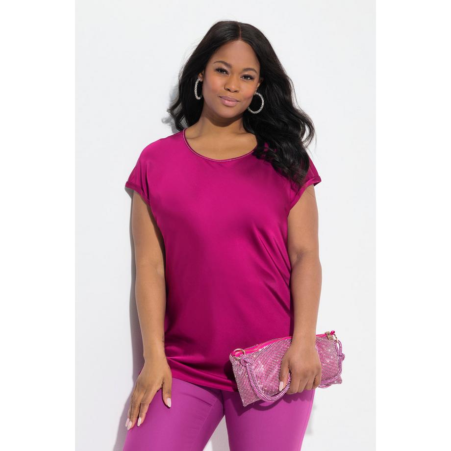 Ulla Popken Satinblusenshirt Classic Rundhals Glitzernaht Ärmellos  