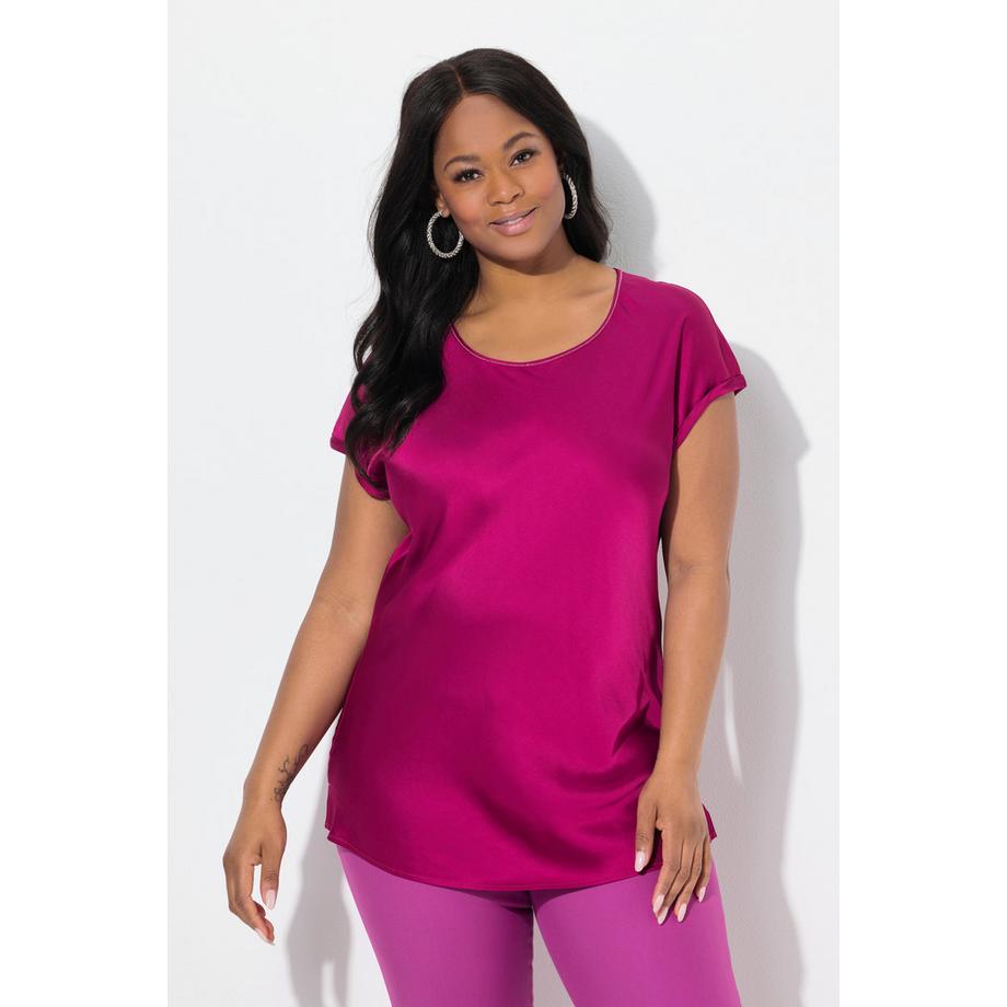 Ulla Popken Satinblusenshirt Classic Rundhals Glitzernaht Ärmellos  