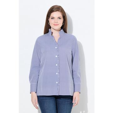 Blusa a righe con ruche, collo alto e maniche lunghe