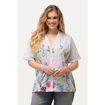 Bluse, Stickerei, Oversized, V-Ausschnitt, Halbarm