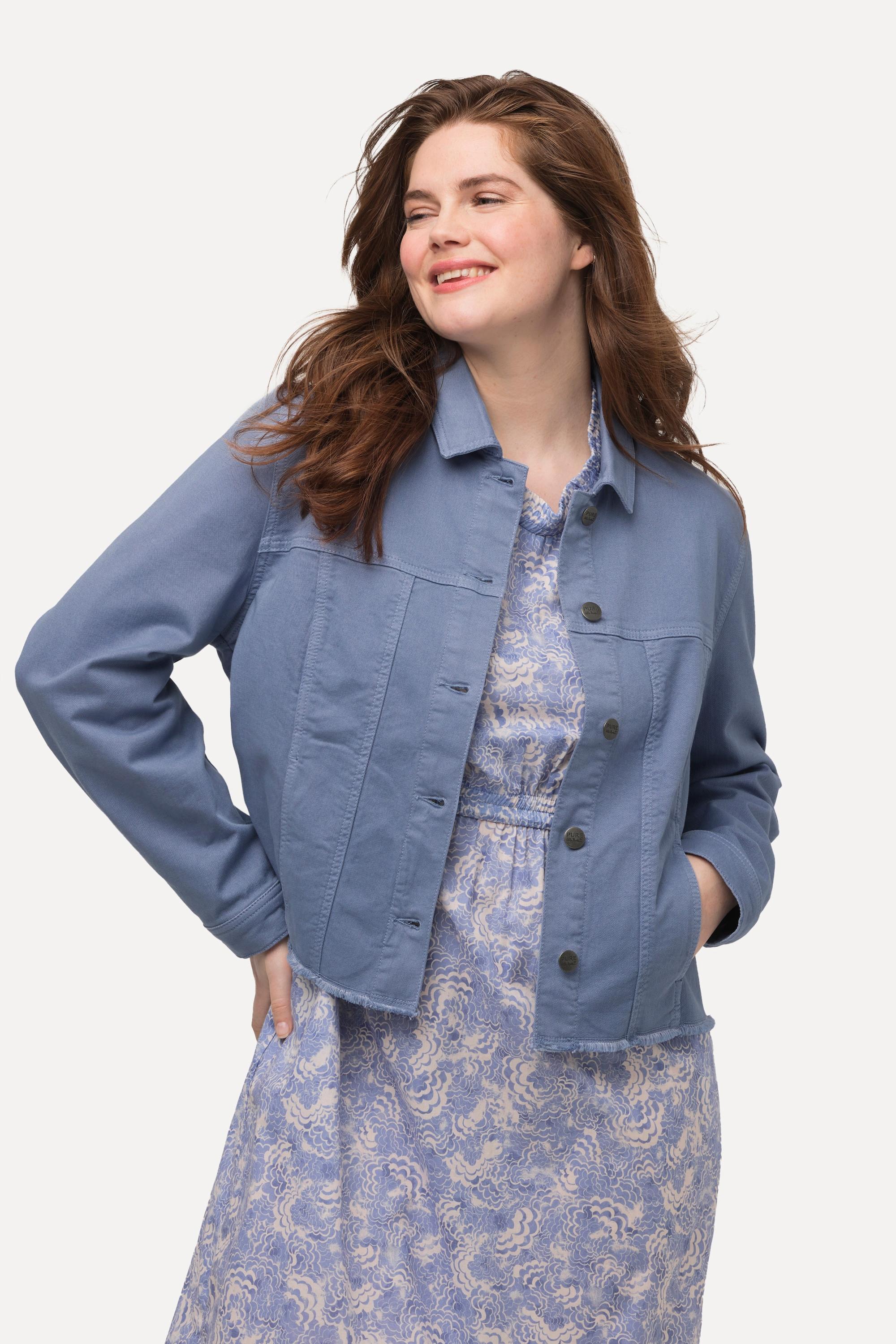 Ulla Popken  Veste colorée en jean de coton bio, oversize, bord effiloché 