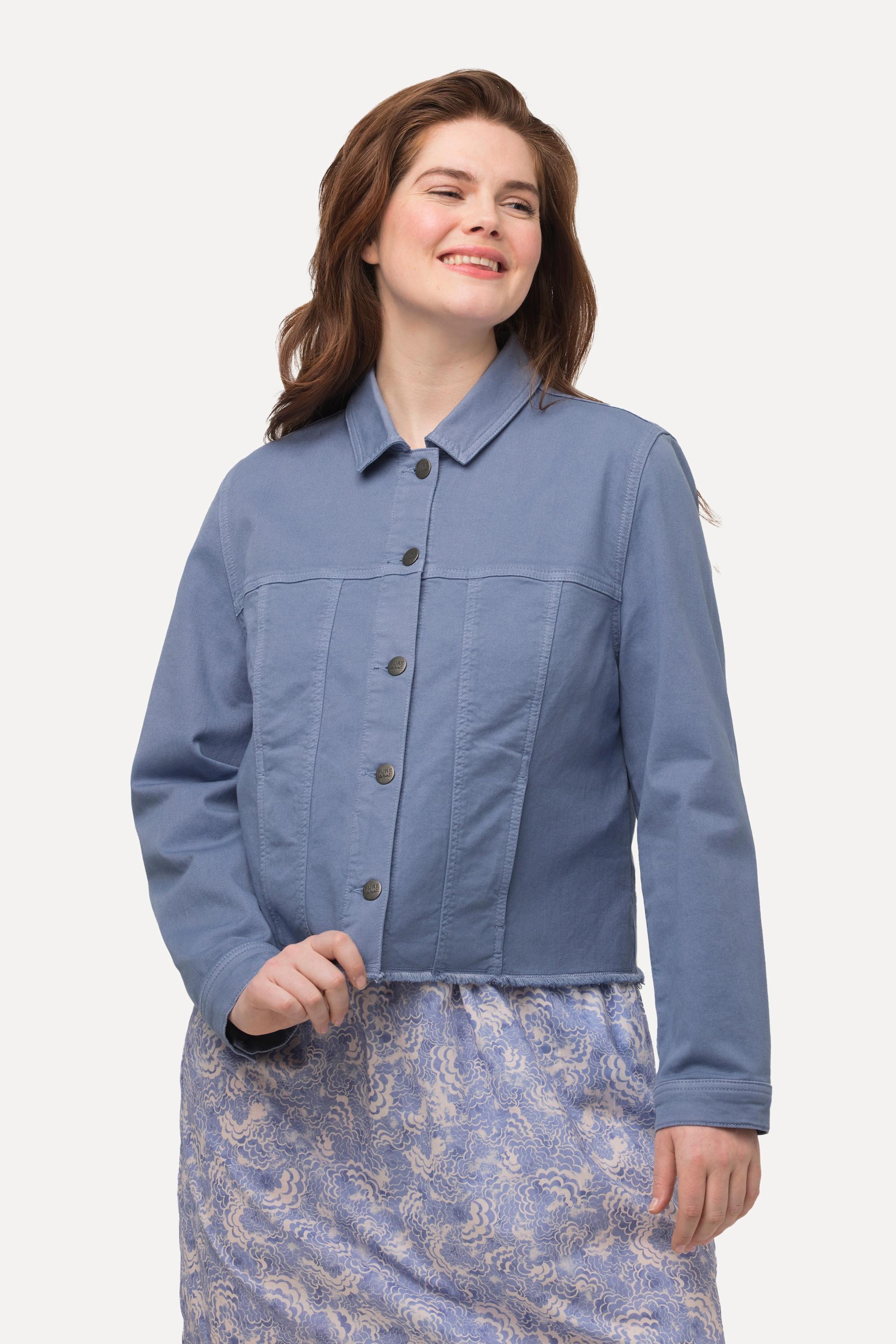 Ulla Popken  Veste colorée en jean de coton bio, oversize, bord effiloché 