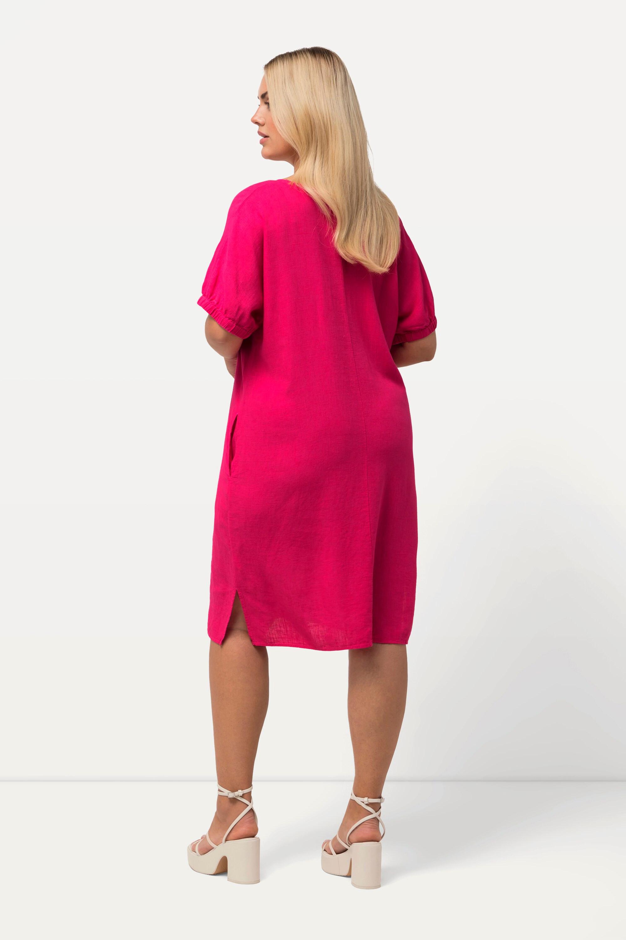 Ulla Popken  Kleid, Leinenmix, Oversized, V-Ausschnitt, Halbarm 