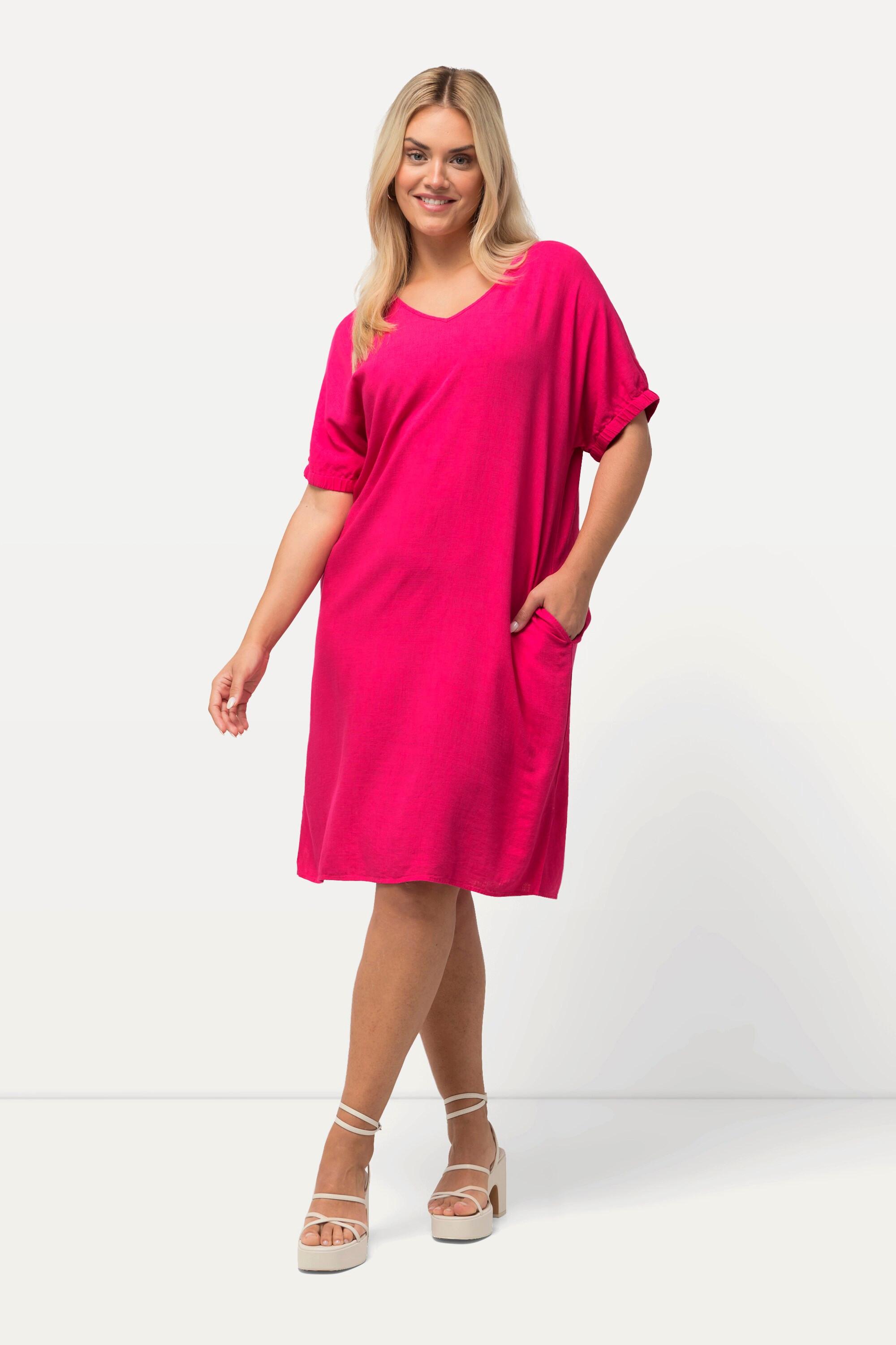 Ulla Popken  Abito dal taglio oversize in misto lino con scollo a V e mezze maniche 