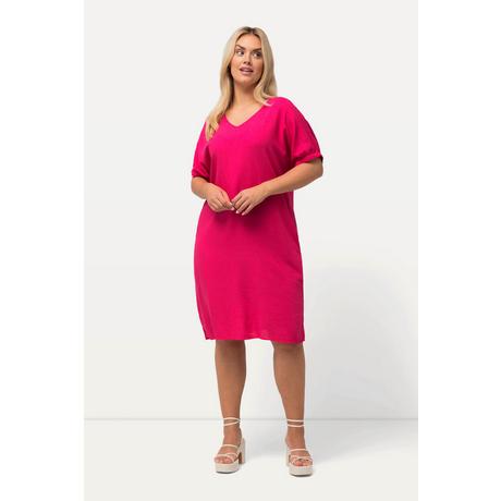 Ulla Popken  Kleid, Leinenmix, Oversized, V-Ausschnitt, Halbarm 