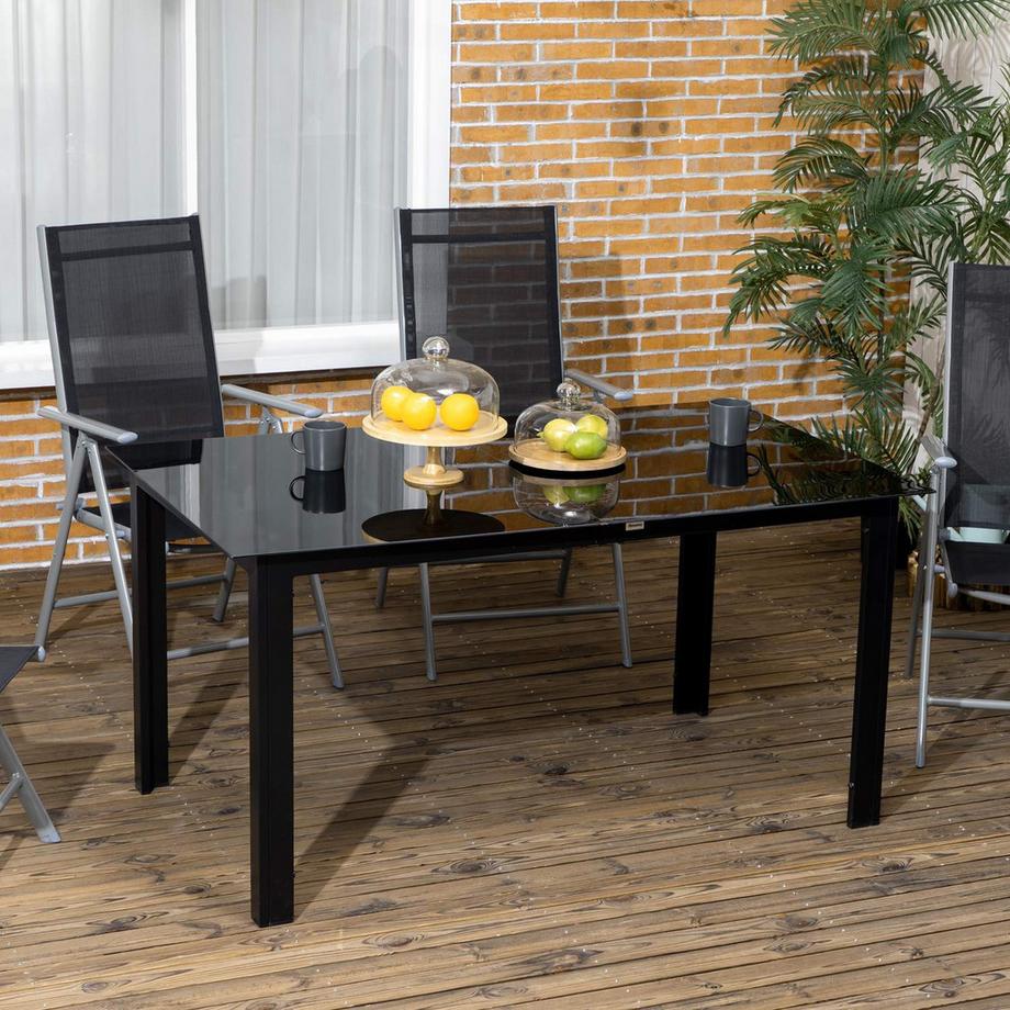 Northio Gartentisch, Garten Esstisch Für 6 Personen, Terrassentisch Mit Glastischplatte, Partytisch Aus Alu, Balkontisch, Schwarz, 150 X 90 X 74 Cm  