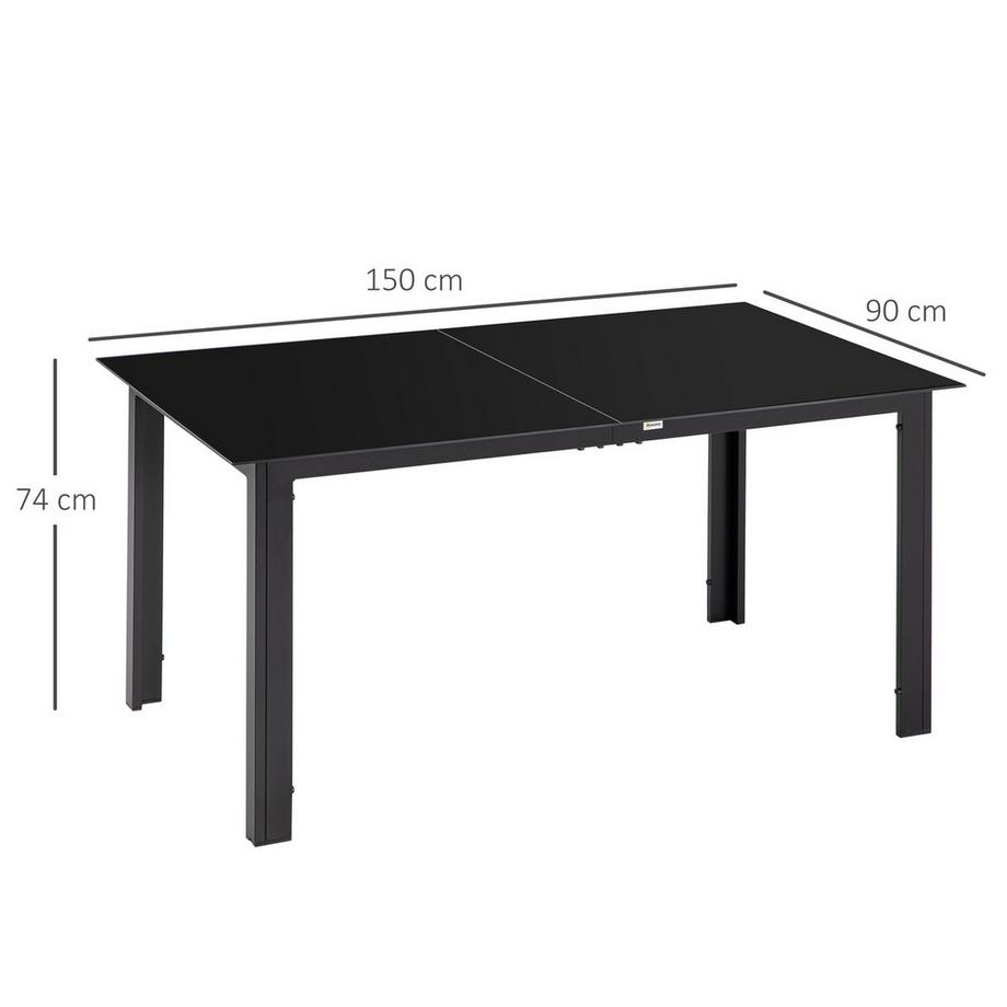 Northio Gartentisch, Garten Esstisch Für 6 Personen, Terrassentisch Mit Glastischplatte, Partytisch Aus Alu, Balkontisch, Schwarz, 150 X 90 X 74 Cm  